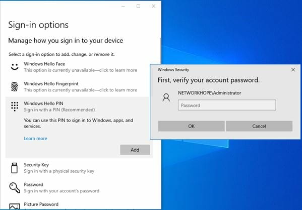 Add PIN in Windows 10