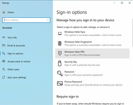 Sign in Options in Windows 10