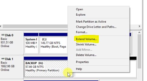 Disk management in Windows 10: Extend volume 