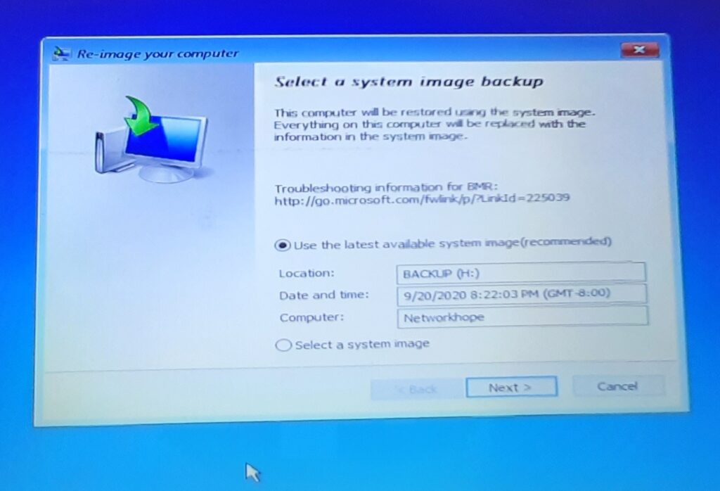 Recover from system image 