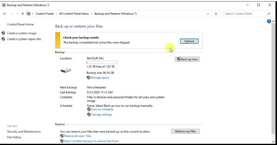 Configure Backup and Restore in Windows 10: Backup and Restore tool