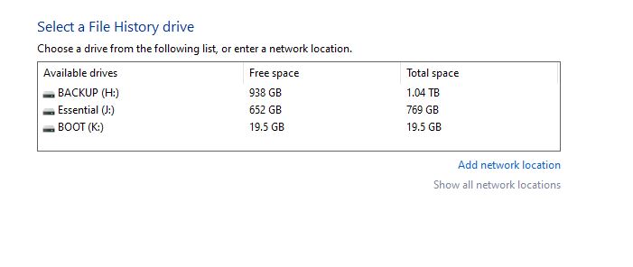 Choose drive for File History