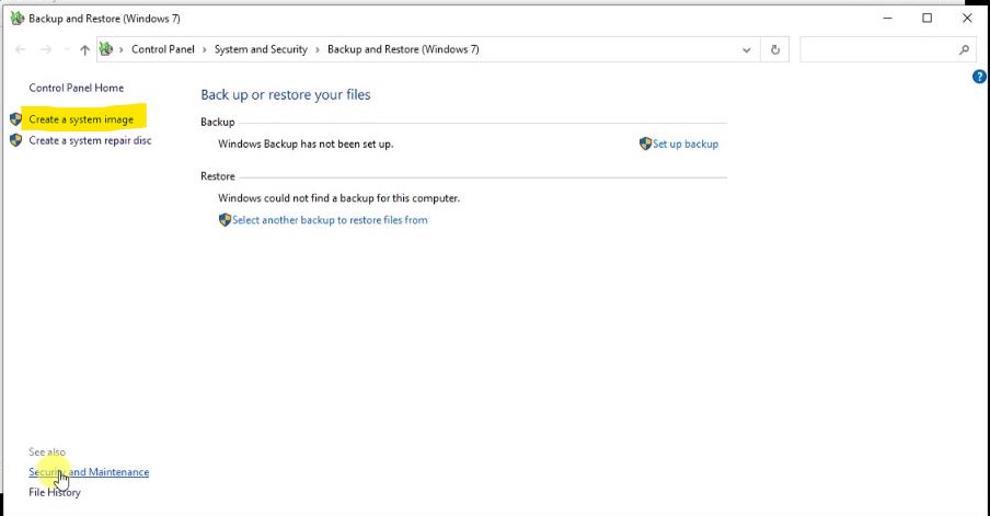 Configure Backup and Restore in Windows 10: Create a system Image 