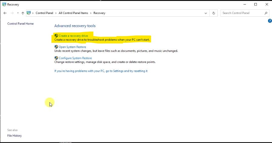 Configure Backup and Restore in Windows 10: Create Recovery drive