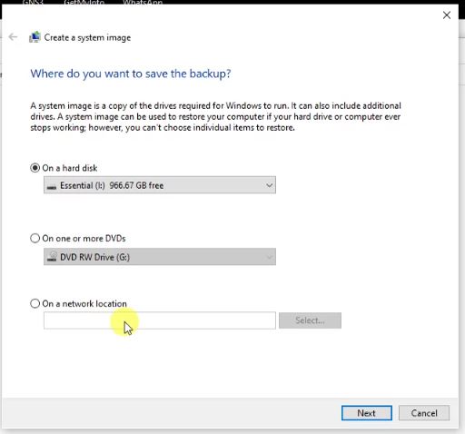Configure Backup and Restore in Windows 10: Create system image