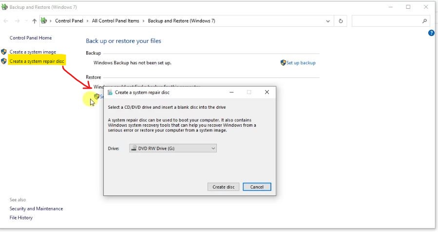 Configure Backup and Restore in Windows 10: Create system repair disc